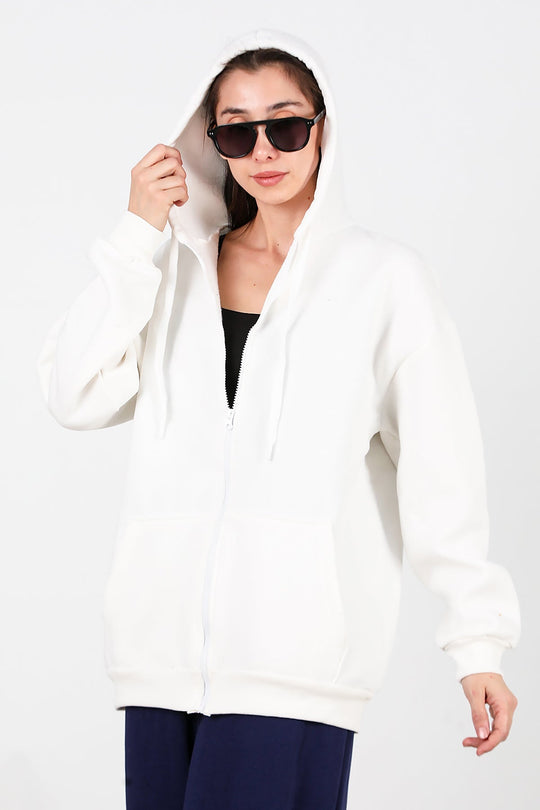 Kadın Kapşonlu Fermuarlı Oversize Üç İplik Sweat  Beyaz