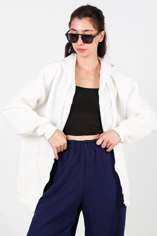 Kadın Kapşonlu Fermuarlı Oversize Üç İplik Sweat  Beyaz