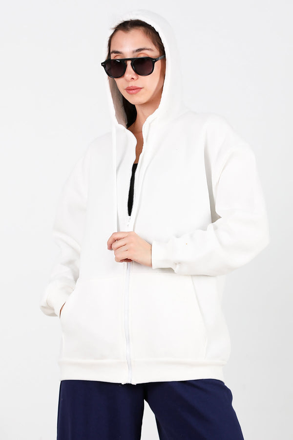 Kadın Kapşonlu Fermuarlı Oversize Üç İplik Sweat  Beyaz