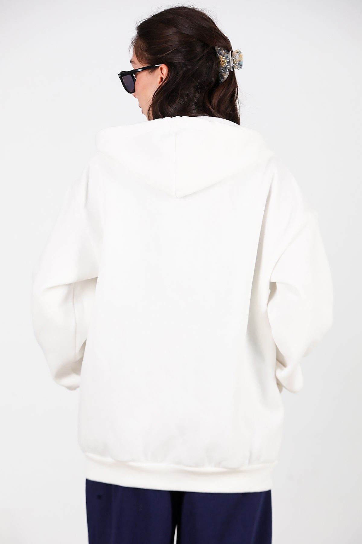 Kadın Kapşonlu Fermuarlı Oversize Üç İplik Sweat  Beyaz