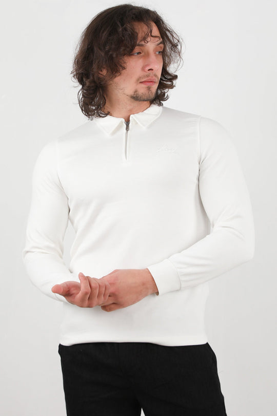 Erkek Yarım Fermuar Polo Yaka Sweat  Beyaz