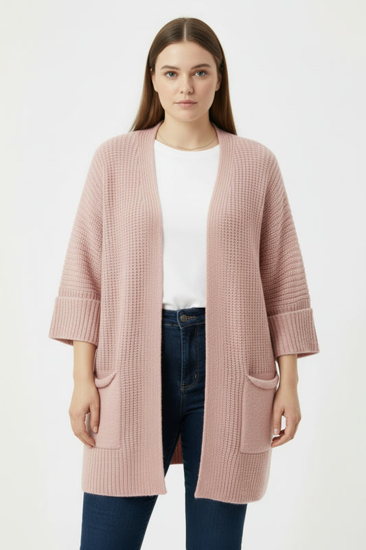 Büyük Beden Cepli Hırka  Pembe