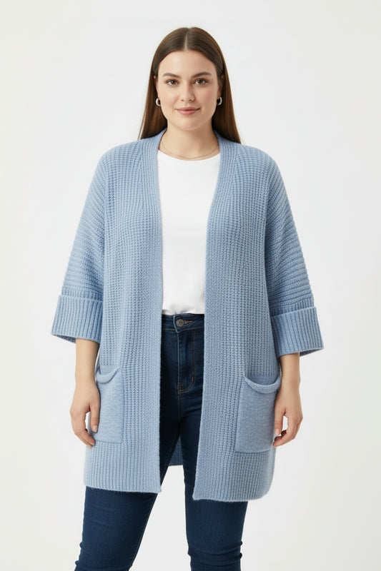 Büyük Beden Cepli Hırka  Mavi