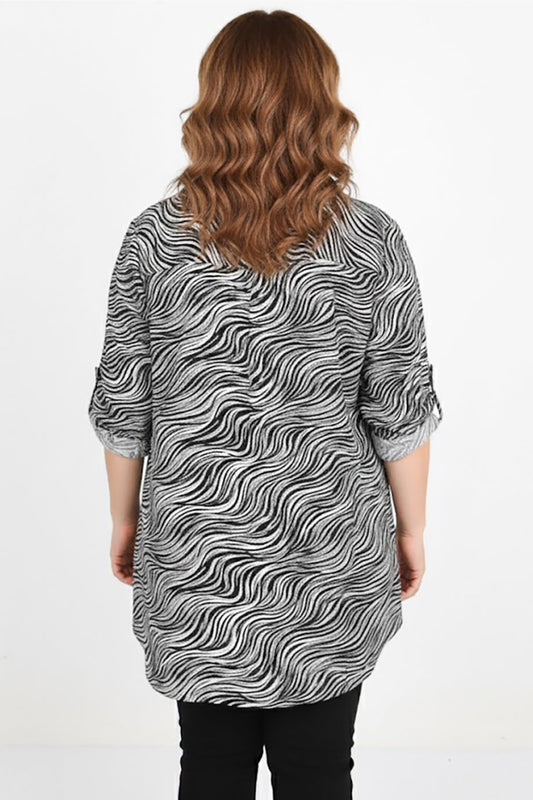 Büyük Beden Desenli Kol Katlamalı Gömlek  Ekru