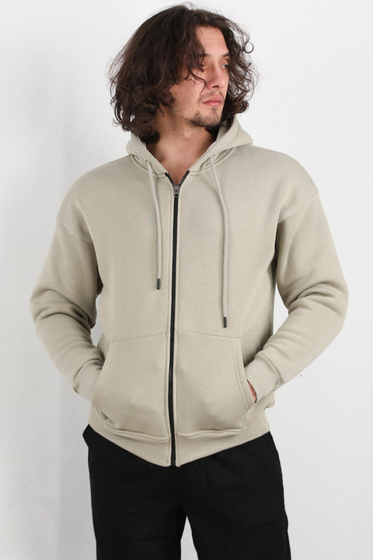 Erkek Kapşonlu Önü Fermuarlı Ceket  Haki
