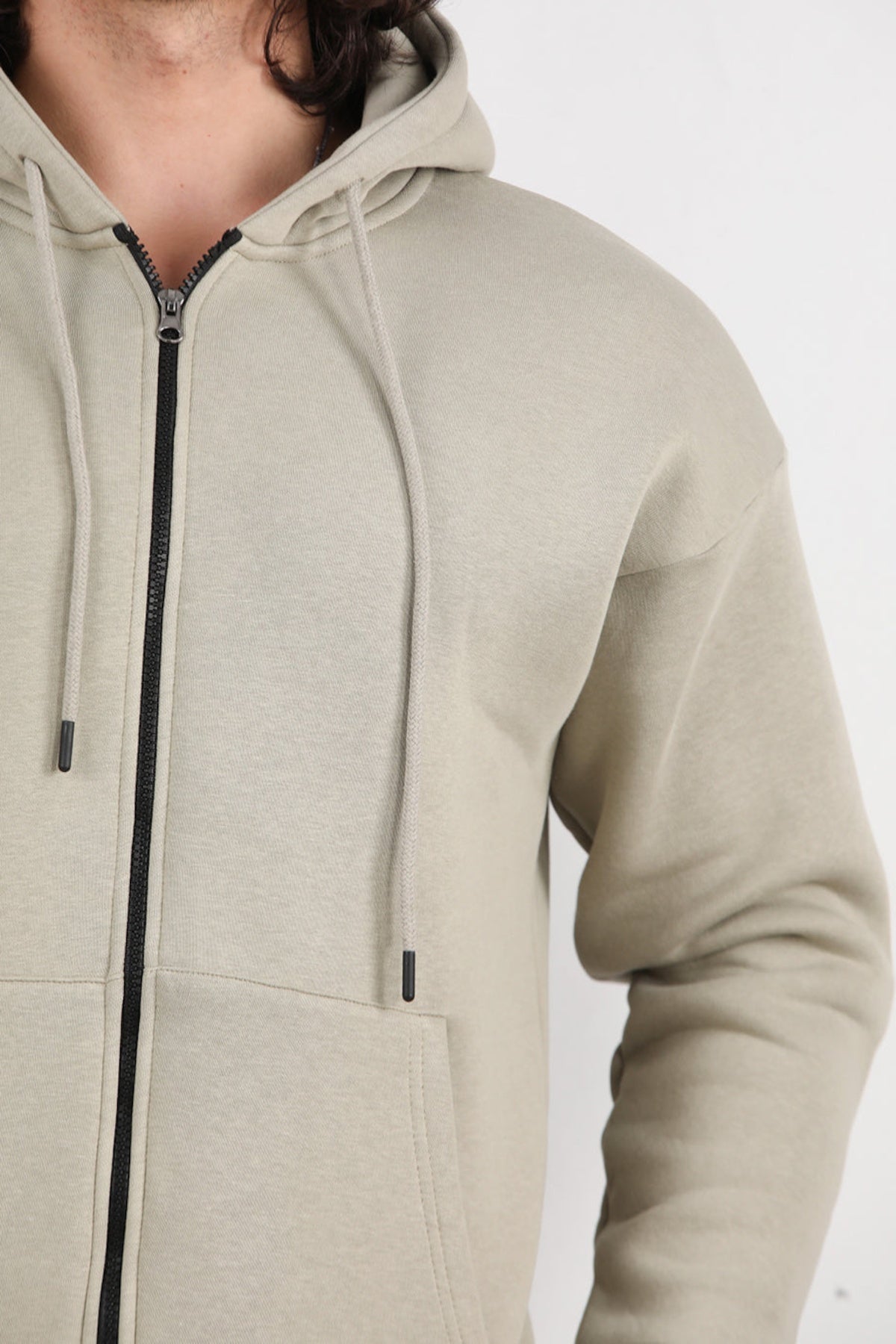 Erkek Kapşonlu Önü Fermuarlı Ceket  Haki