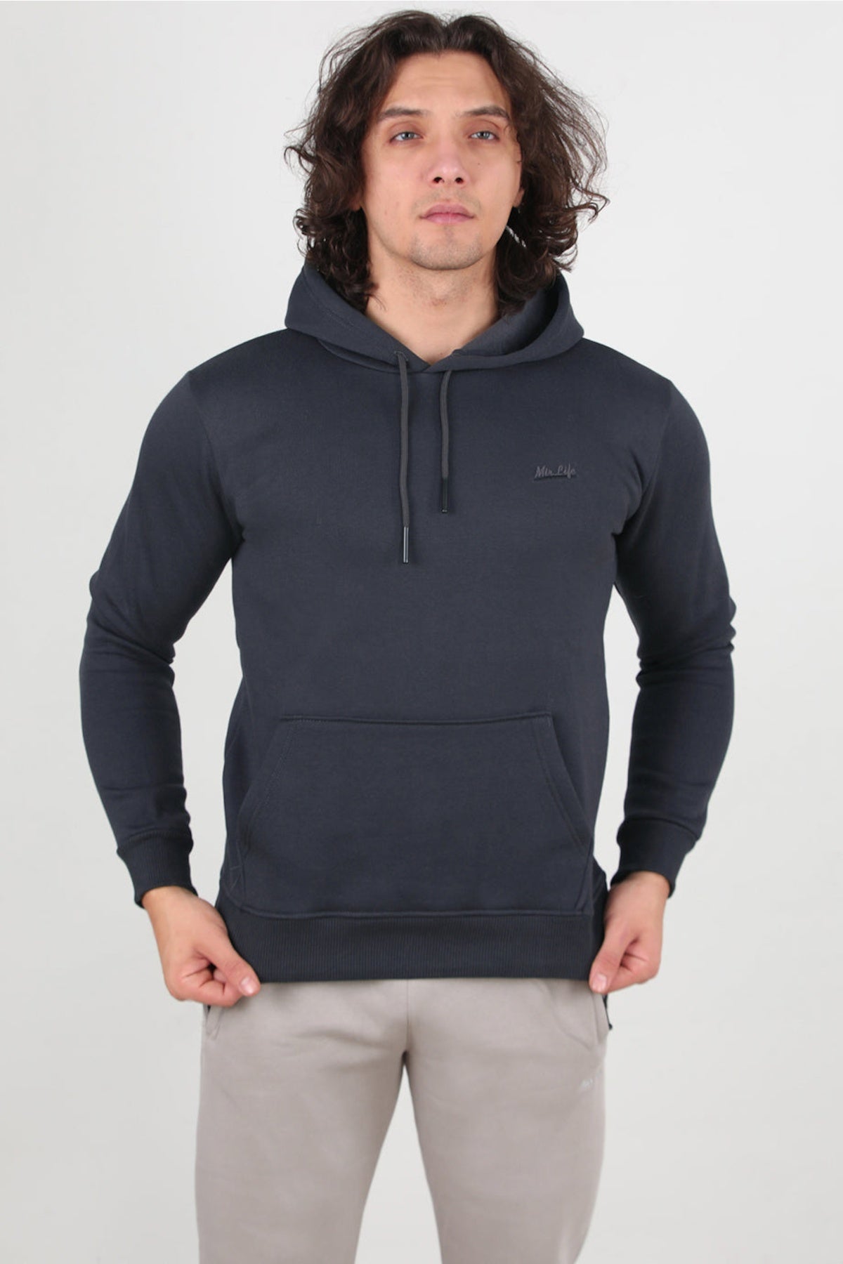 Erkek 3Iplik Kapşonlu Sweat  Füme