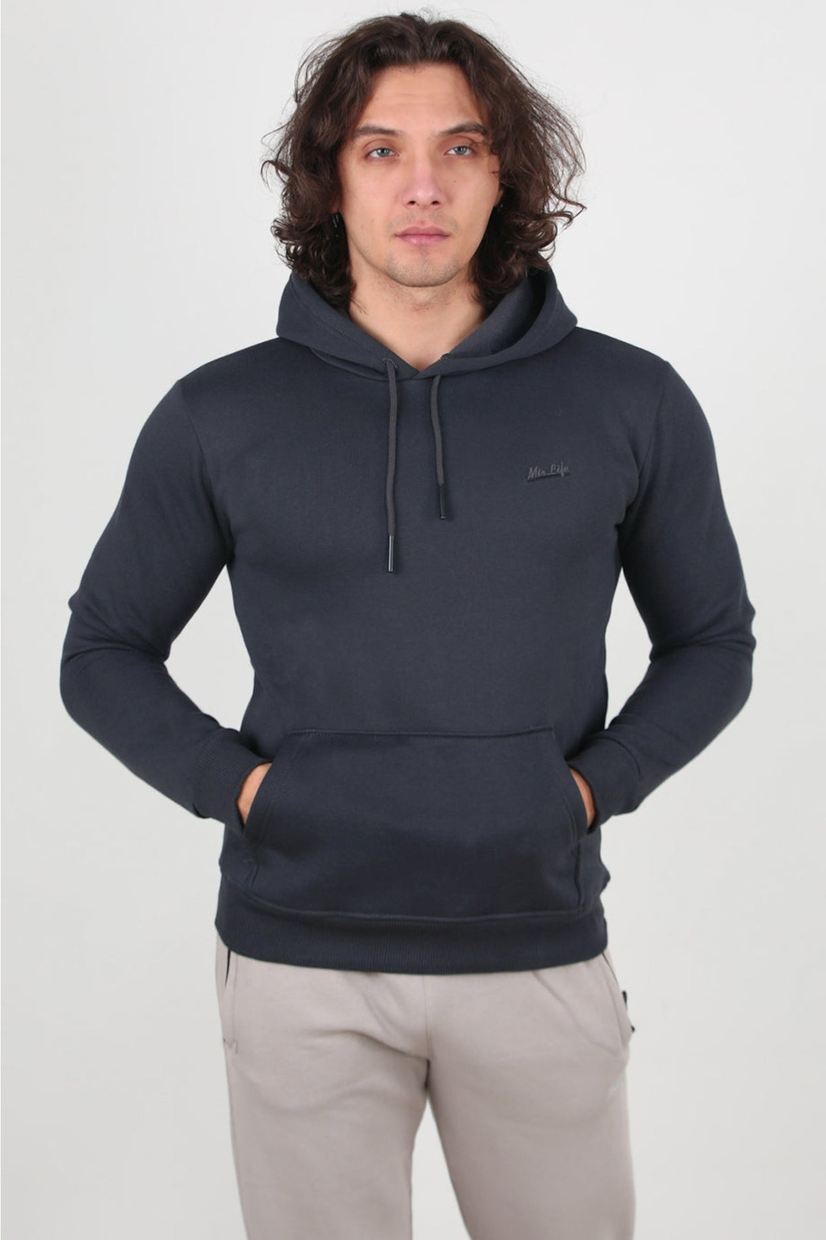 Erkek 3Iplik Kapşonlu Sweat  Füme