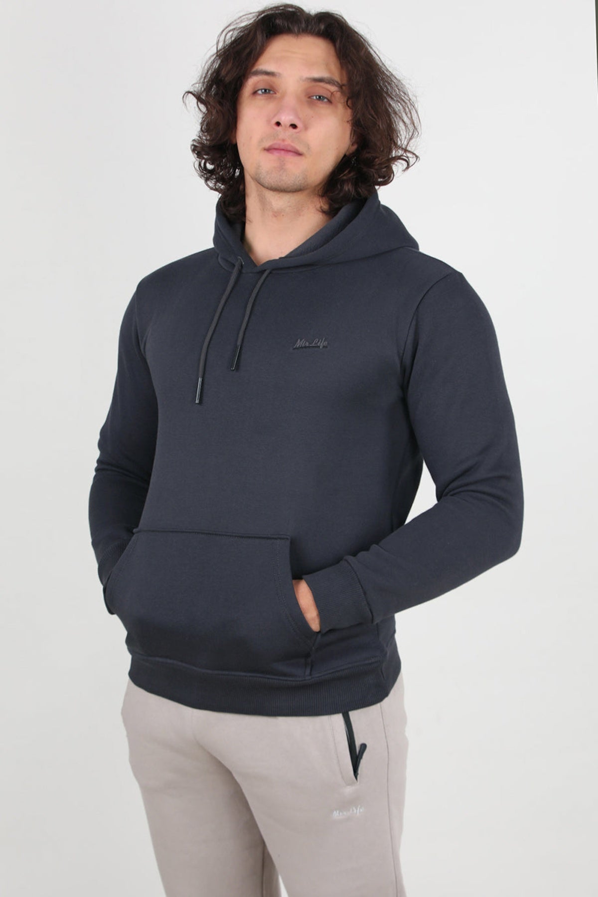 Erkek 3Iplik Kapşonlu Sweat  Füme
