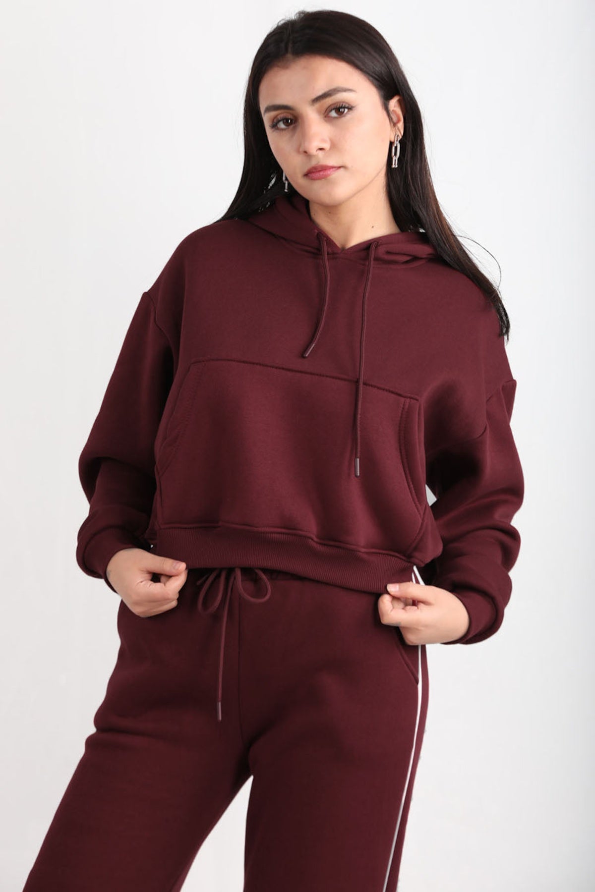 Kadın Cepli Crop Sweat  Bordo