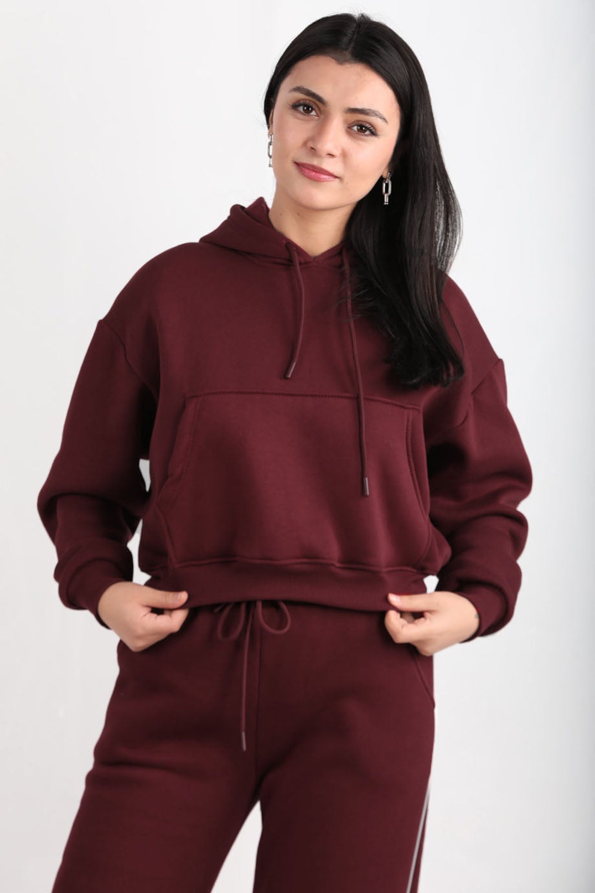 Kadın Cepli Crop Sweat  Bordo