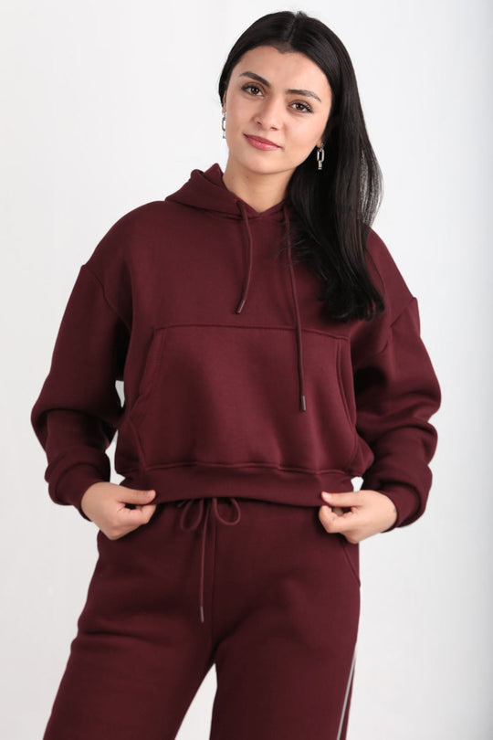 Kadın Cepli Crop Sweat  Bordo