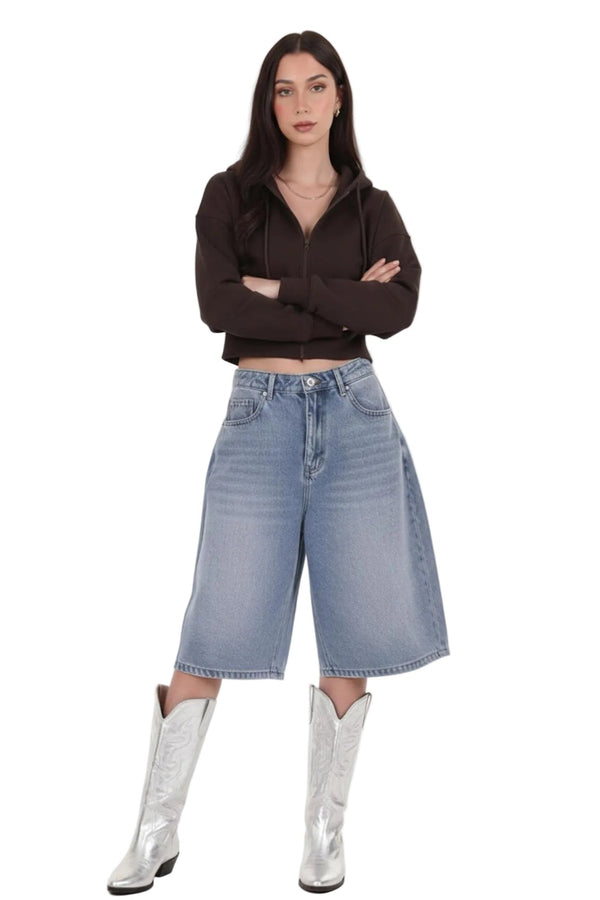 Kadın Fermuarlı Crop Sweat  Kahverengi