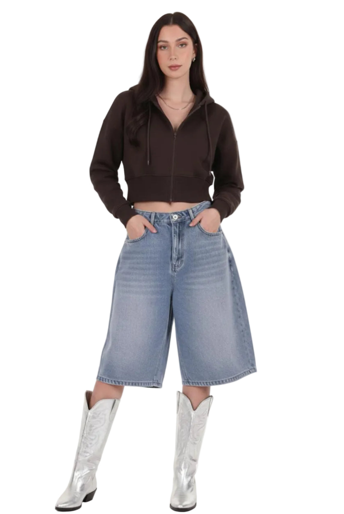 Kadın Fermuarlı Crop Sweat  Kahverengi