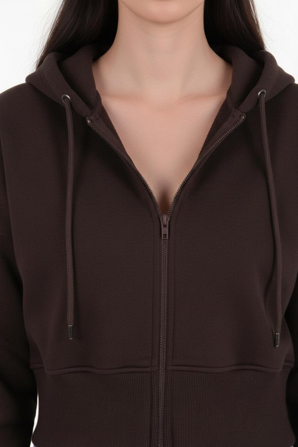 Kadın Fermuarlı Crop Sweat  Kahverengi