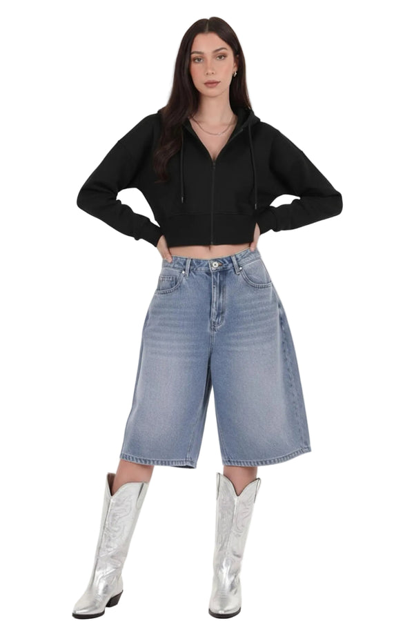 Kadın Fermuarlı Crop Sweat  Siyah