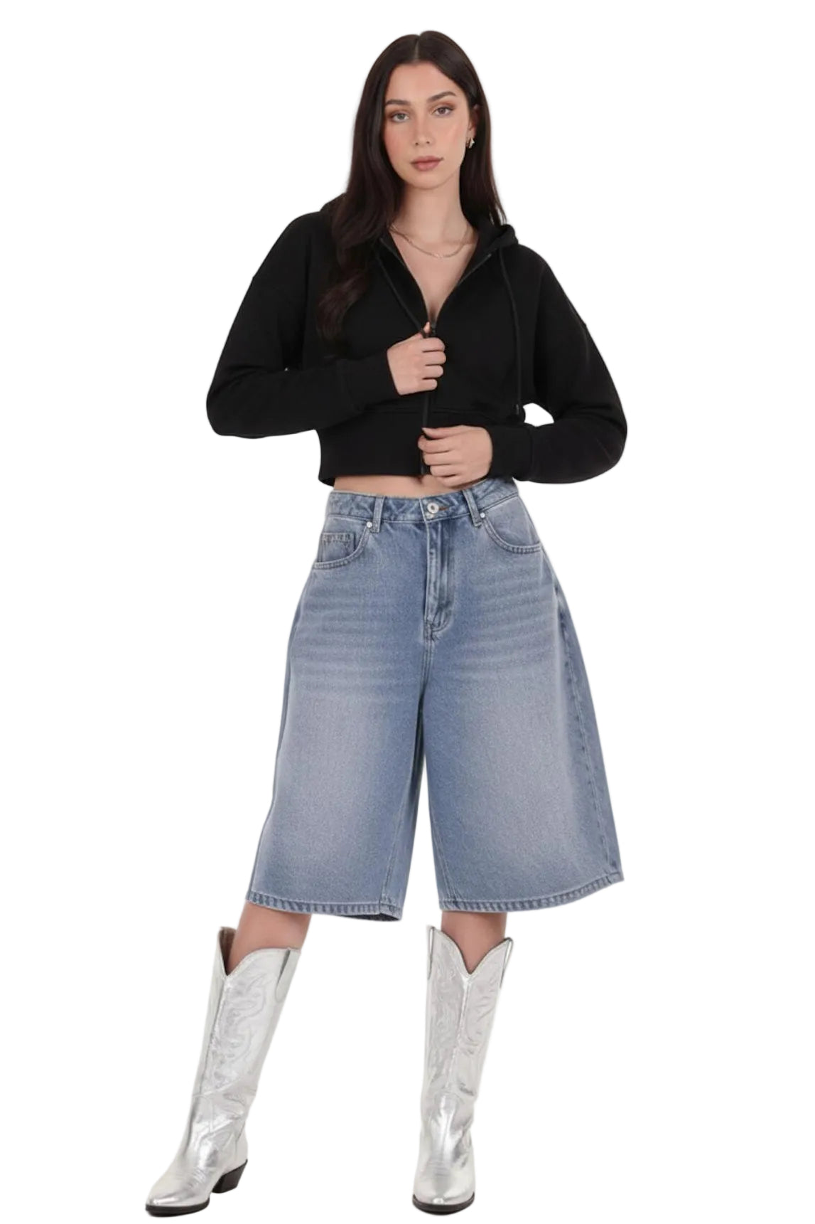 Kadın Fermuarlı Crop Sweat  Siyah