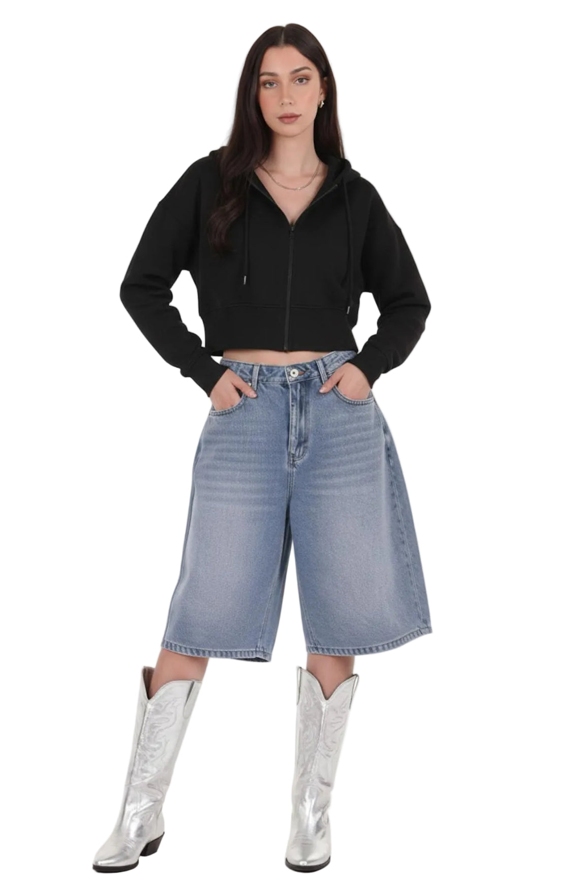 Kadın Fermuarlı Crop Sweat  Siyah