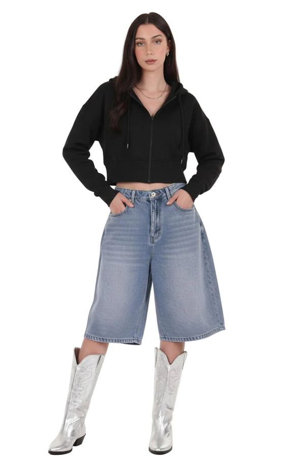 Kadın Fermuarlı Crop Sweat  Siyah