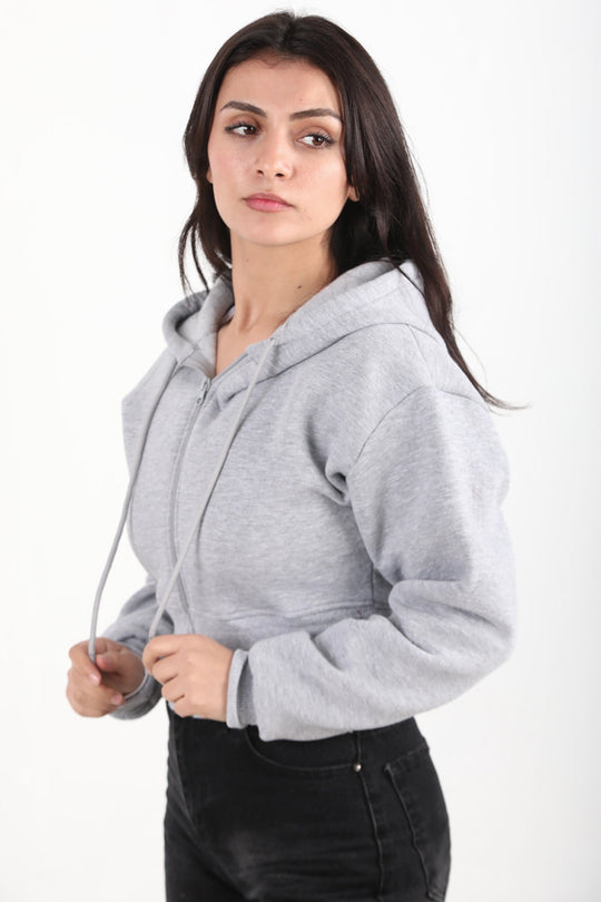 Kadın Fermuarlı Crop Sweat  Gri