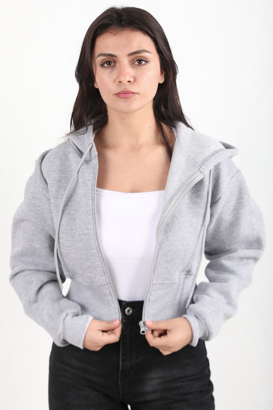 Kadın Fermuarlı Crop Sweat  Gri