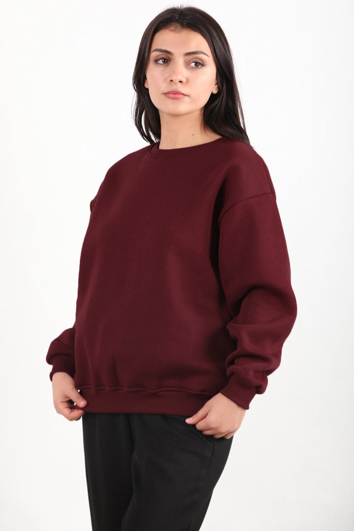 Kadın Bisiklet Yaka Sweat  Bordo