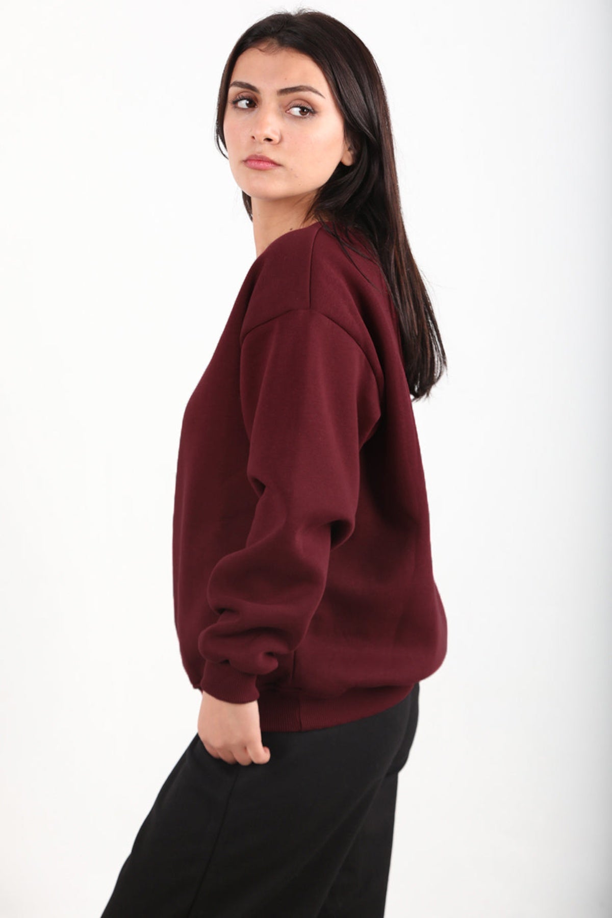 Kadın Bisiklet Yaka Sweat  Bordo