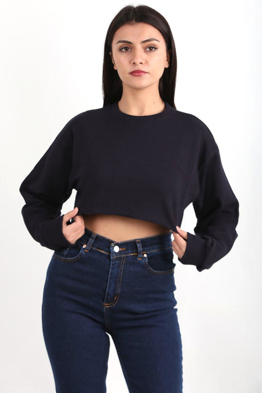Kadın Bisiklet Yaka Crop Bluz Lacivert