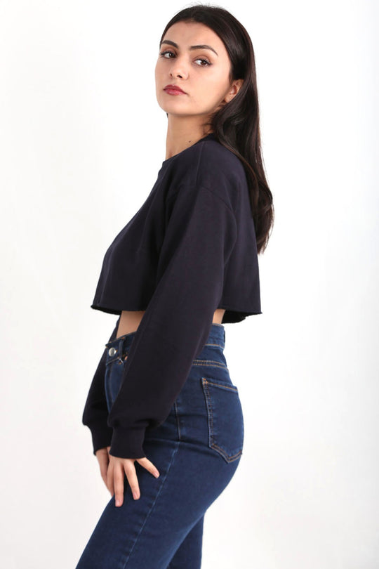 Kadın Bisiklet Yaka Crop Bluz Lacivert