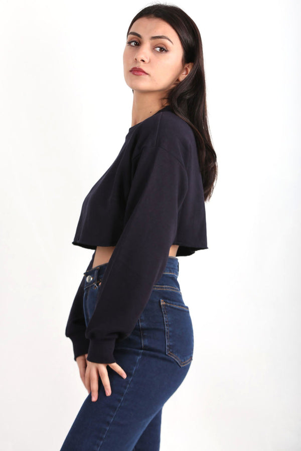 Kadın Bisiklet Yaka Crop Bluz Lacivert