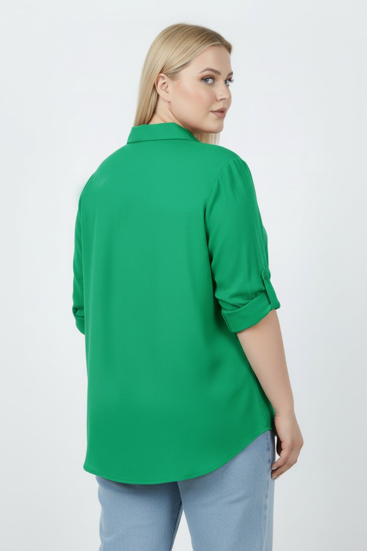Büyük Beden Kol Katlamalı Gömlek  Yeşil