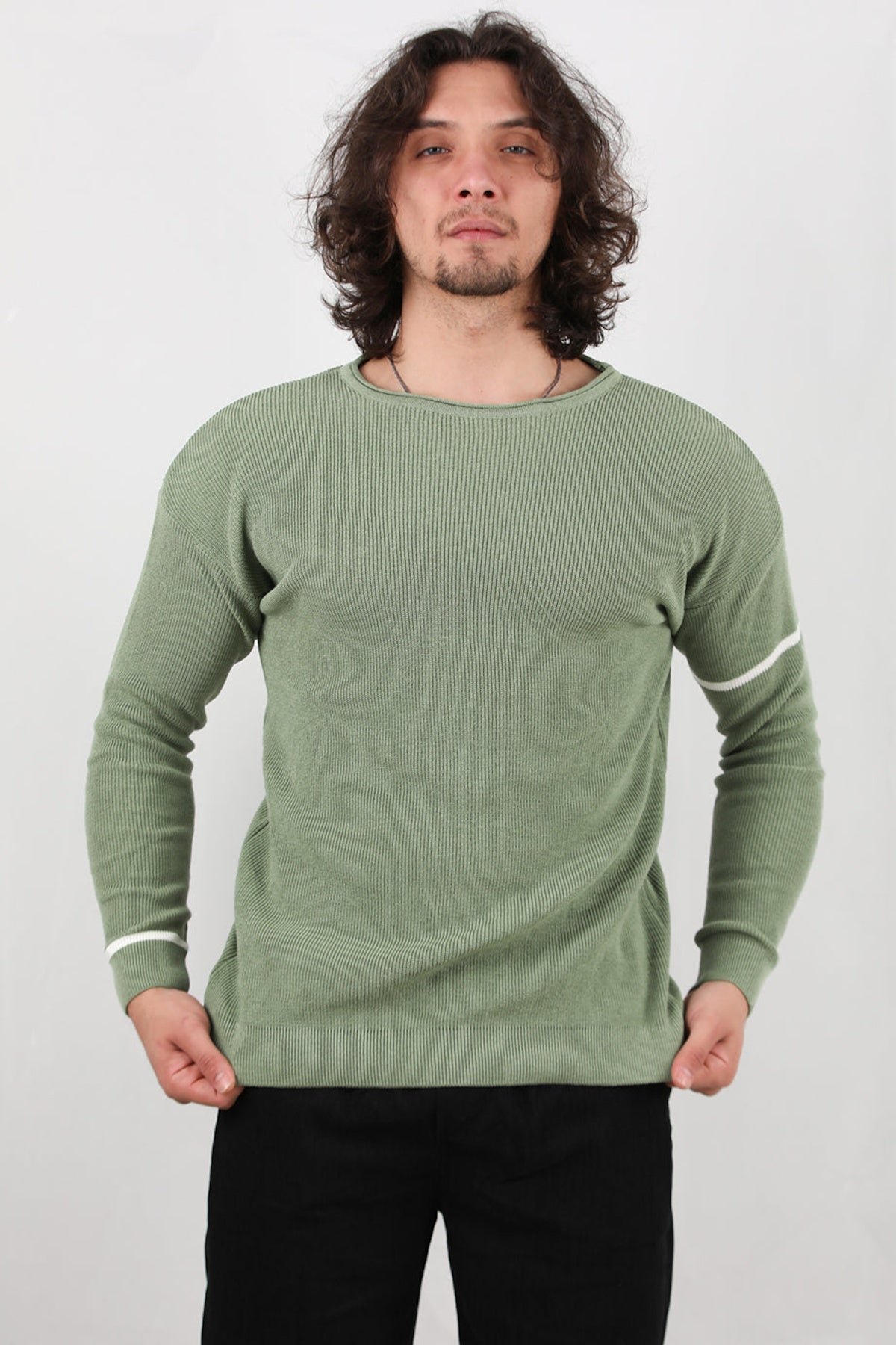 Erkek Kol Çizgili Kazak  Yeşil