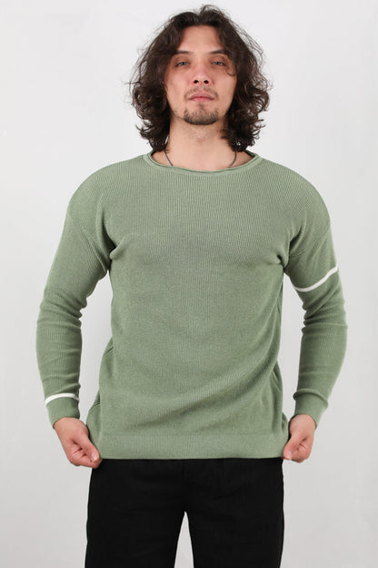 Erkek Kol Çizgili Kazak  Yeşil