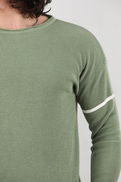 Erkek Kol Çizgili Kazak  Yeşil