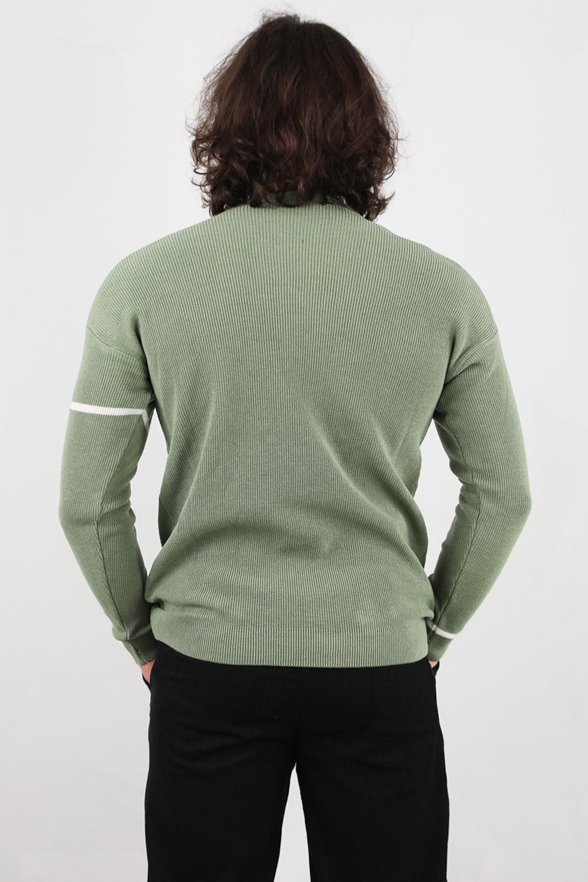 Erkek Kol Çizgili Kazak  Yeşil