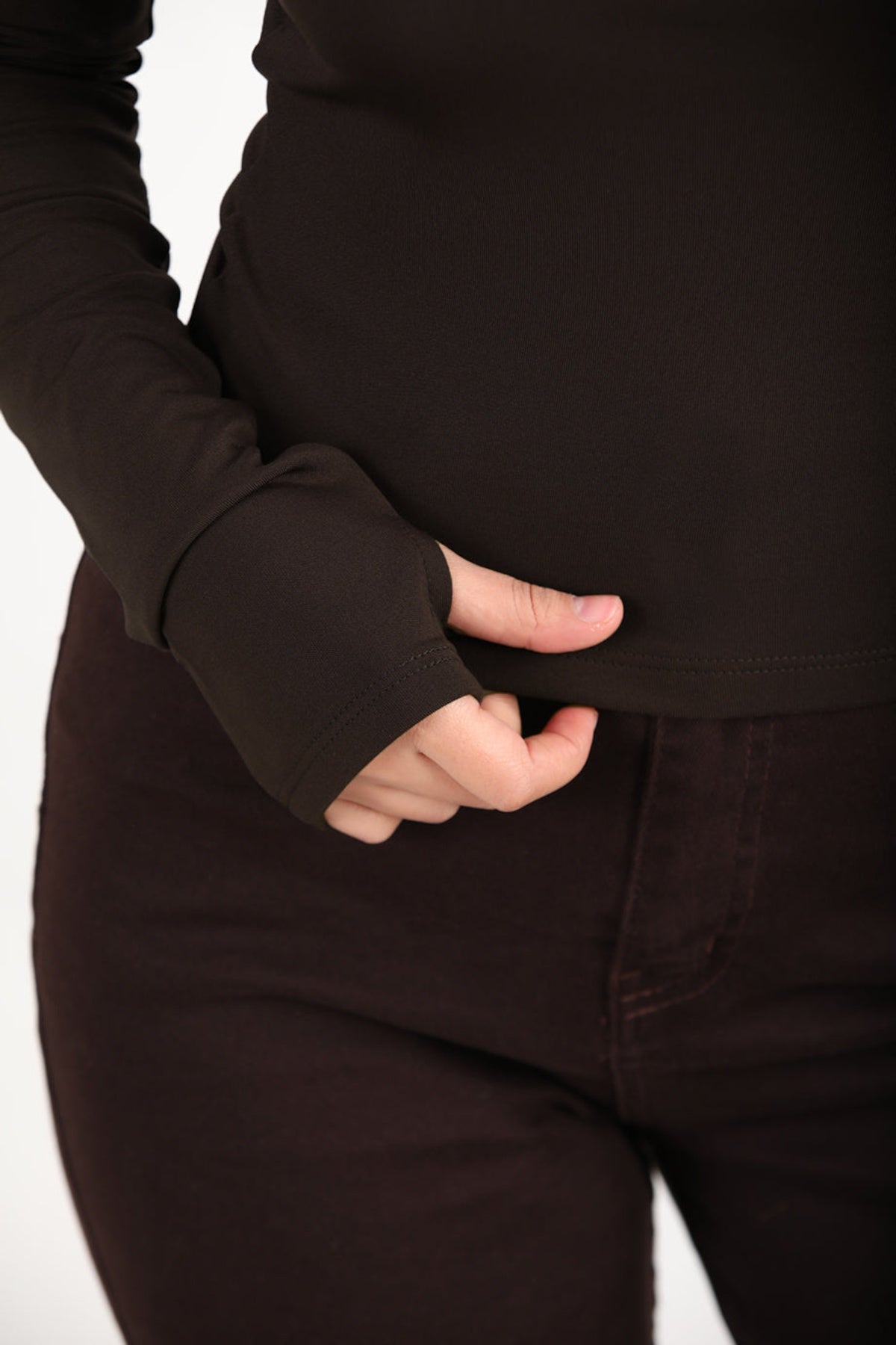 Kadın Parmak Geçmeli Bisiklet Yaka Bluz  Kahverengi