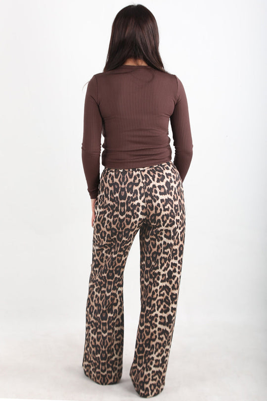 Kadın Leoparlı Bol Paça Pantolon  Kahverengi