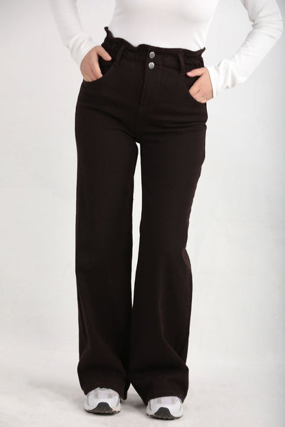 Kadın Bol Paça Kot Pantolon  Kahverengi