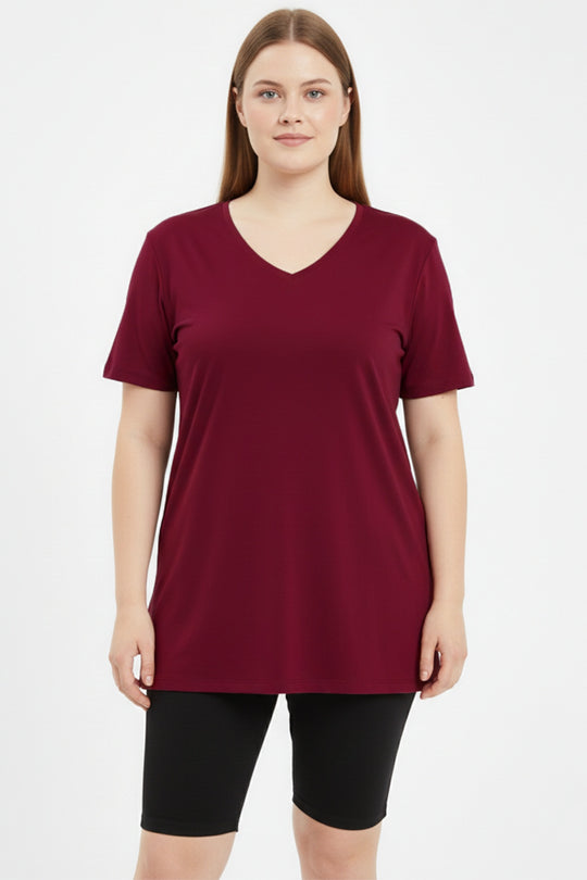 Büyük Beden Oversize V Yaka Tshırt  Bordo