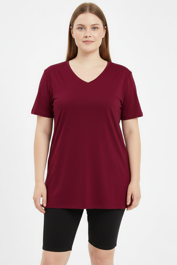 Büyük Beden Oversize V Yaka Tshırt  Bordo