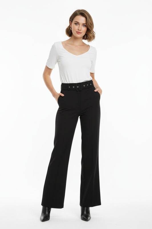 Kadın Kemerli İspanyol Paça Pantolon  Siyah