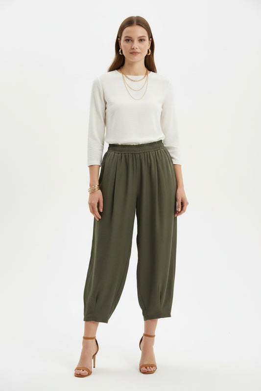 Kadın Bel Lastik Paça Pileli Pantolon  Haki