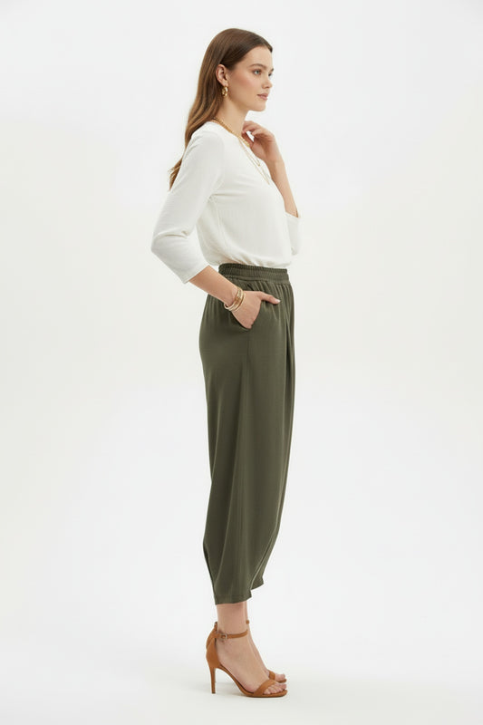 Kadın Bel Lastik Paça Pileli Pantolon  Haki