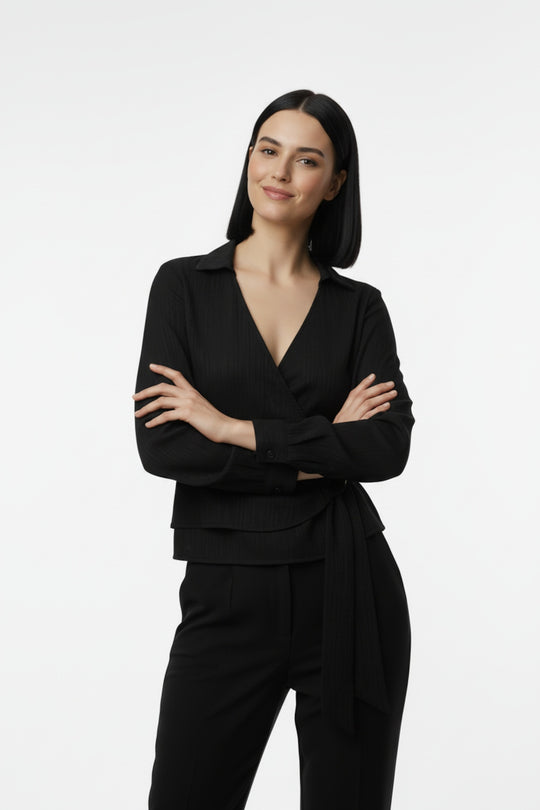Kadın Müslim Tencel Kumaş Detaylı Bluz  Siyah
