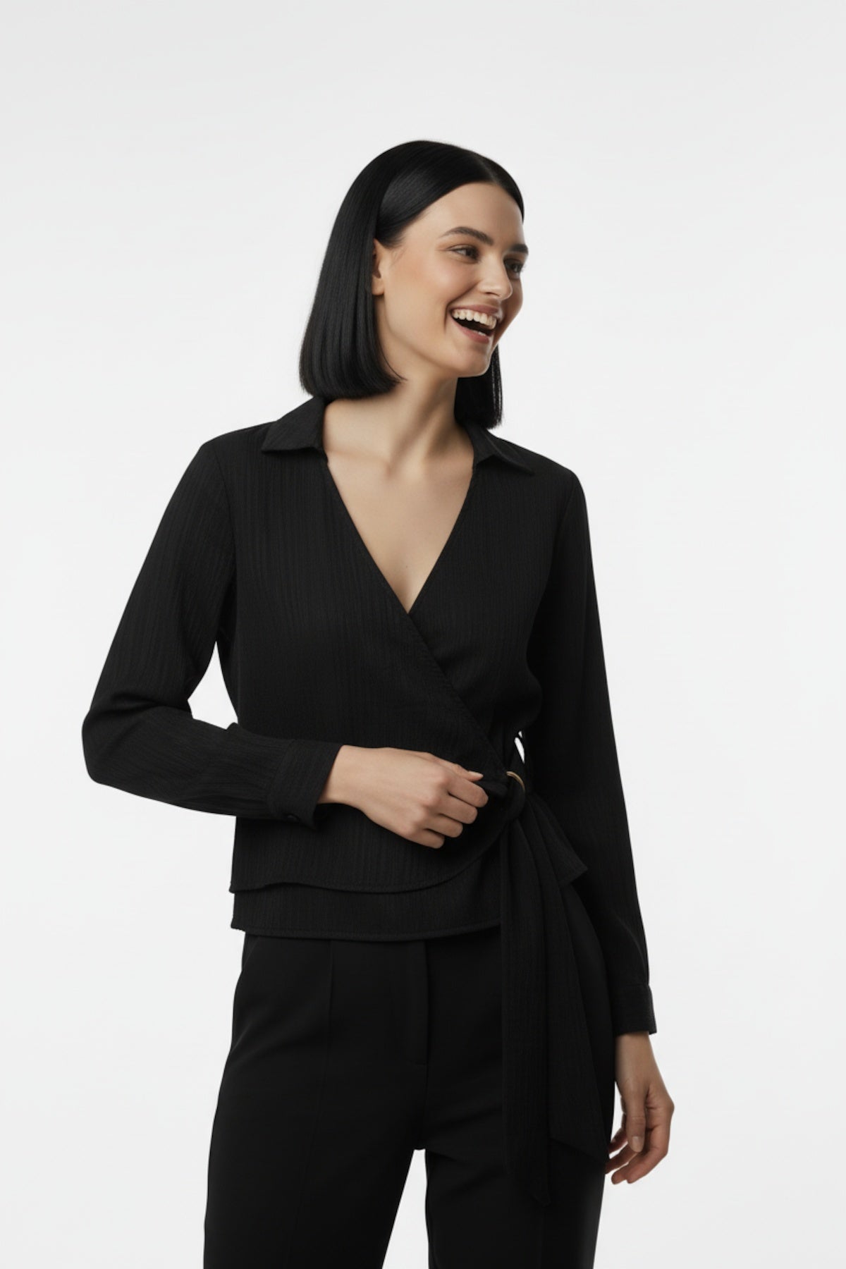 Kadın Müslim Tencel Kumaş Detaylı Bluz  Siyah