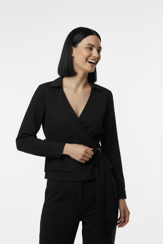 Kadın Müslim Tencel Kumaş Detaylı Bluz  Siyah