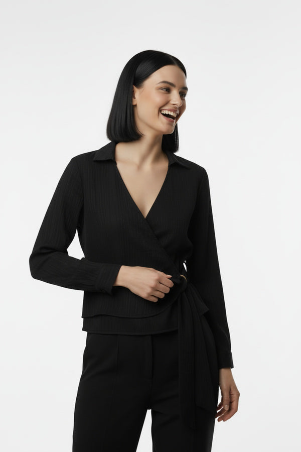 Kadın Müslim Tencel Kumaş Detaylı Bluz  Siyah