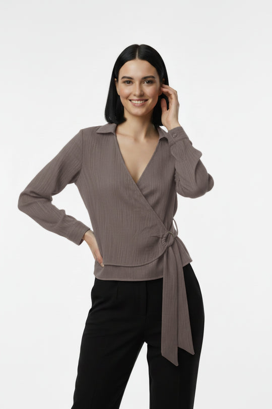 Kadın Müslim Tencel Kumaş Detaylı Bluz  Vizon