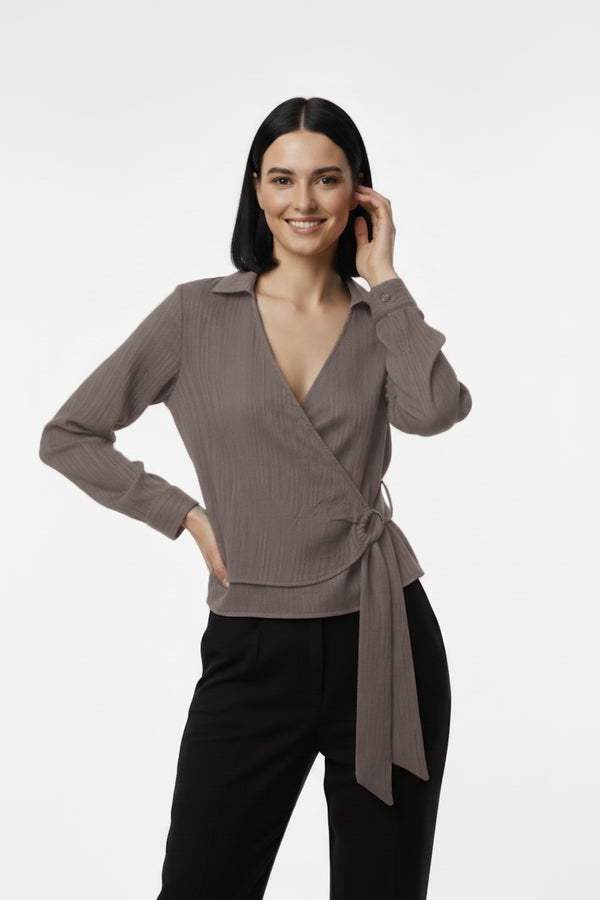 Kadın Müslim Tencel Kumaş Detaylı Bluz  Vizon