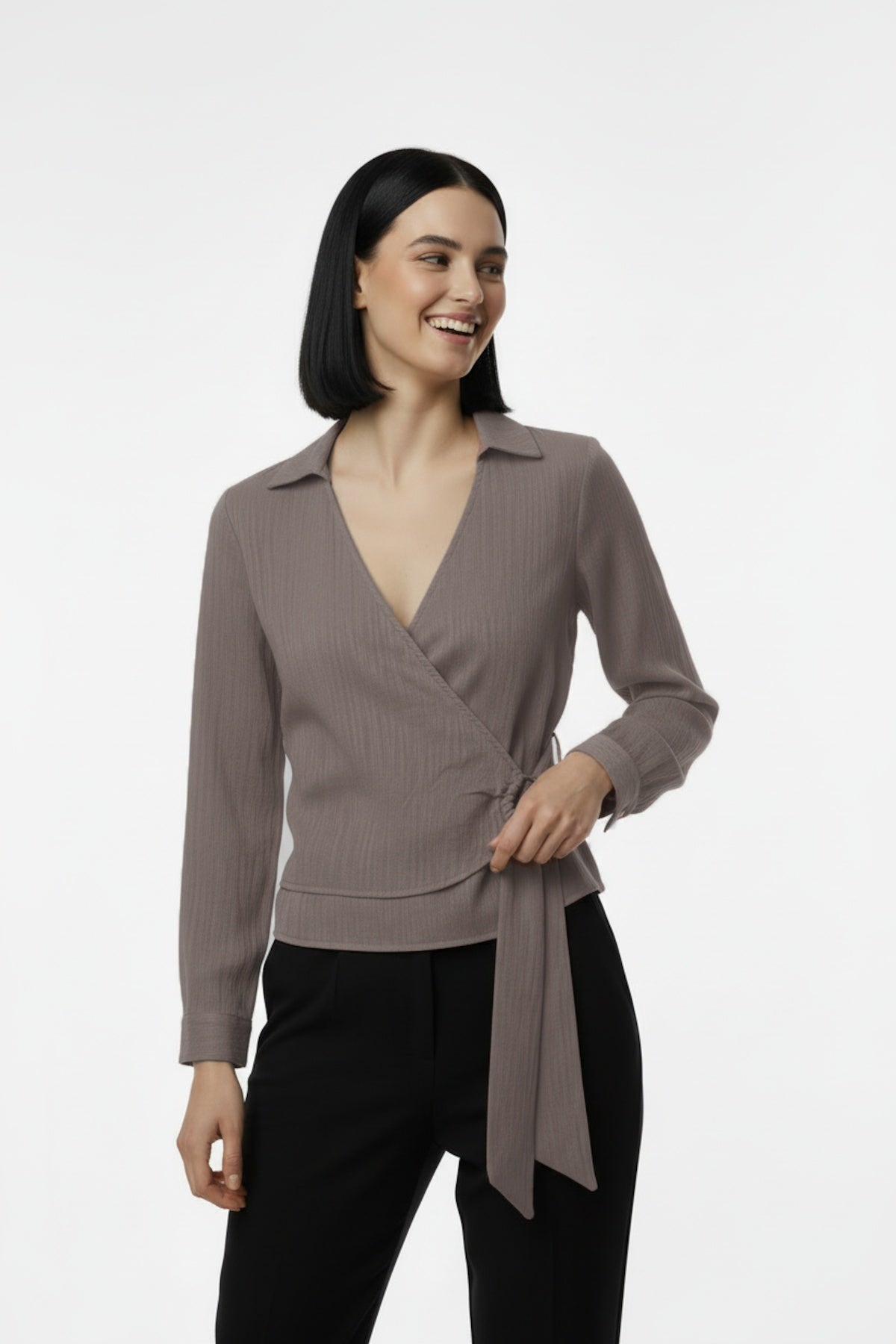 Kadın Müslim Tencel Kumaş Detaylı Bluz  Vizon